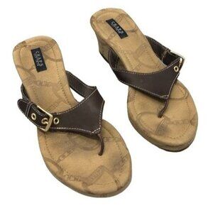 chaps brown wedged buckle high heels sandals flip flats 9.5 READ